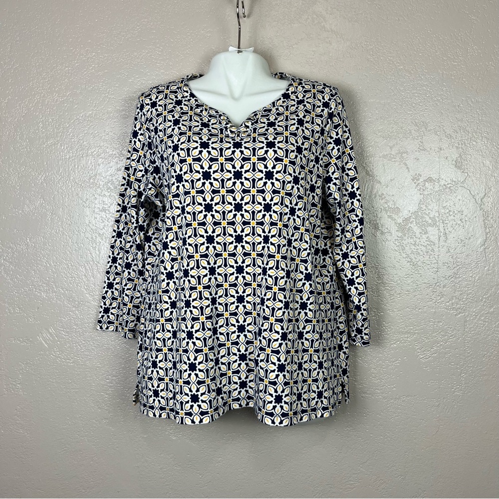 Kim rogers women 3/4 sleeve blu yellow white floral blouse size XL